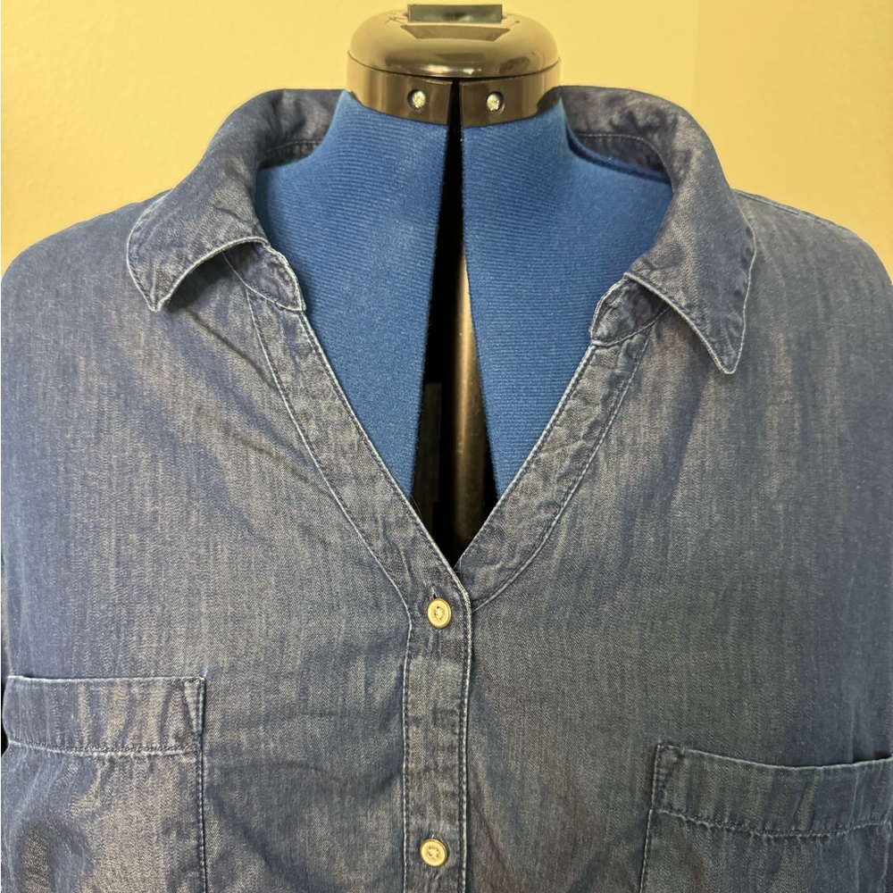 Denim Blue Button-Up Shirt Dress long sleeve collared V-neck front pocket 4x 32p - Picture 3 of 6